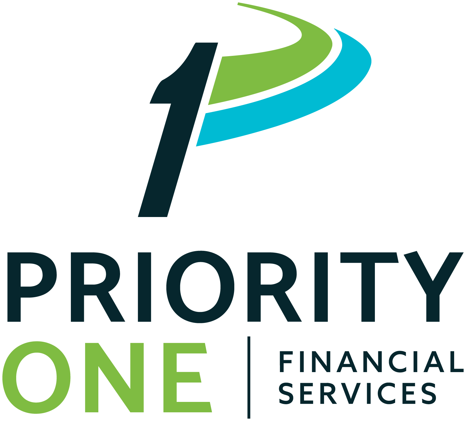 Priority One Financial Services logo with stylized number one and curved green and blue lines above bold text.